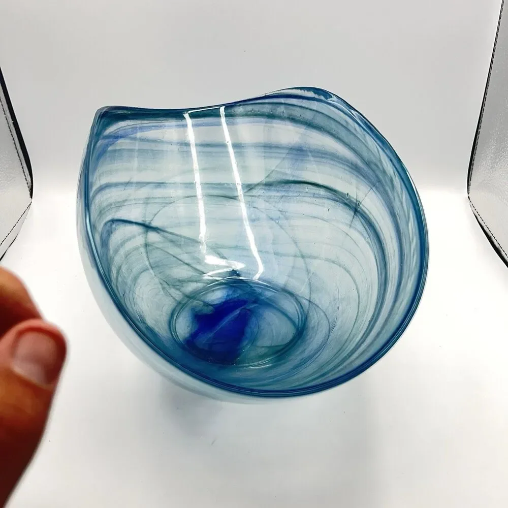 14"x7" Oval Blue Folded Satin Glass Bowl Lines Swirls - Picture 14 of 16